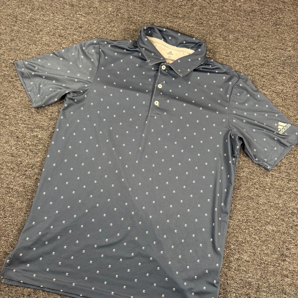 Adidas Golf Polo Shirt Mens Small Navy Blue Palm Tree Print Performance Logo